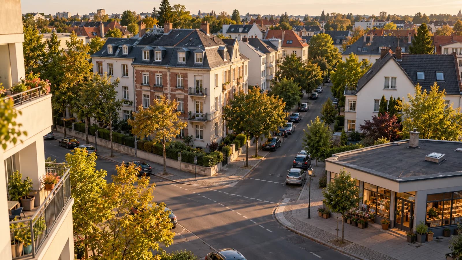 Conceptual illustration of an imagined residential neighborhood from an elevated viewpoint, with varied housing, trees, streets, and a small commercial building in warm afternoon light.