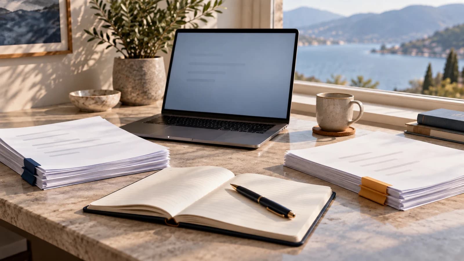 Conceptual illustration of an organized research desk by a window with a laptop, two paper stacks with navy and amber tabs, and an open notebook and pen.